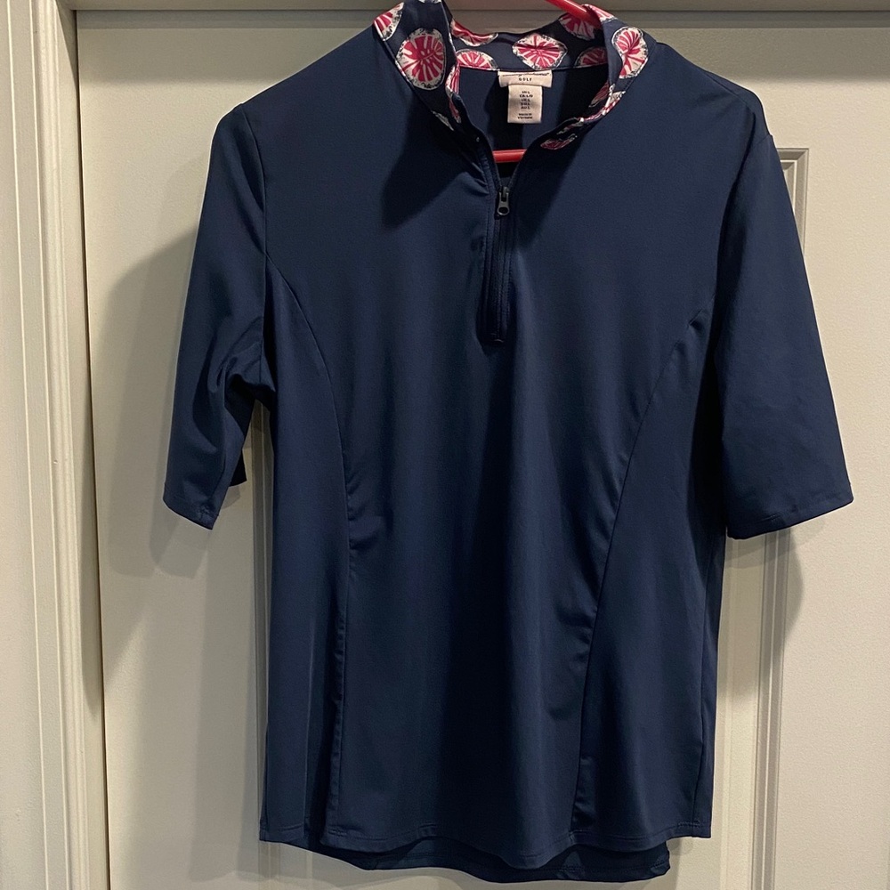 Tommy Bahama Navy Short-Sleeve Quarter-Zip Polo with Pink Floral Collar